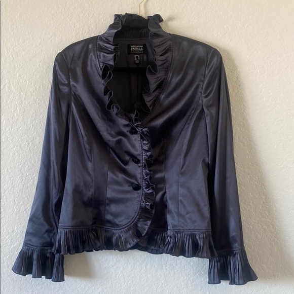 - Adrianna Papell Satin Ruffle Blazer Classic Evening Jacket Dark Gray Siz… - Picture 1 of 8
